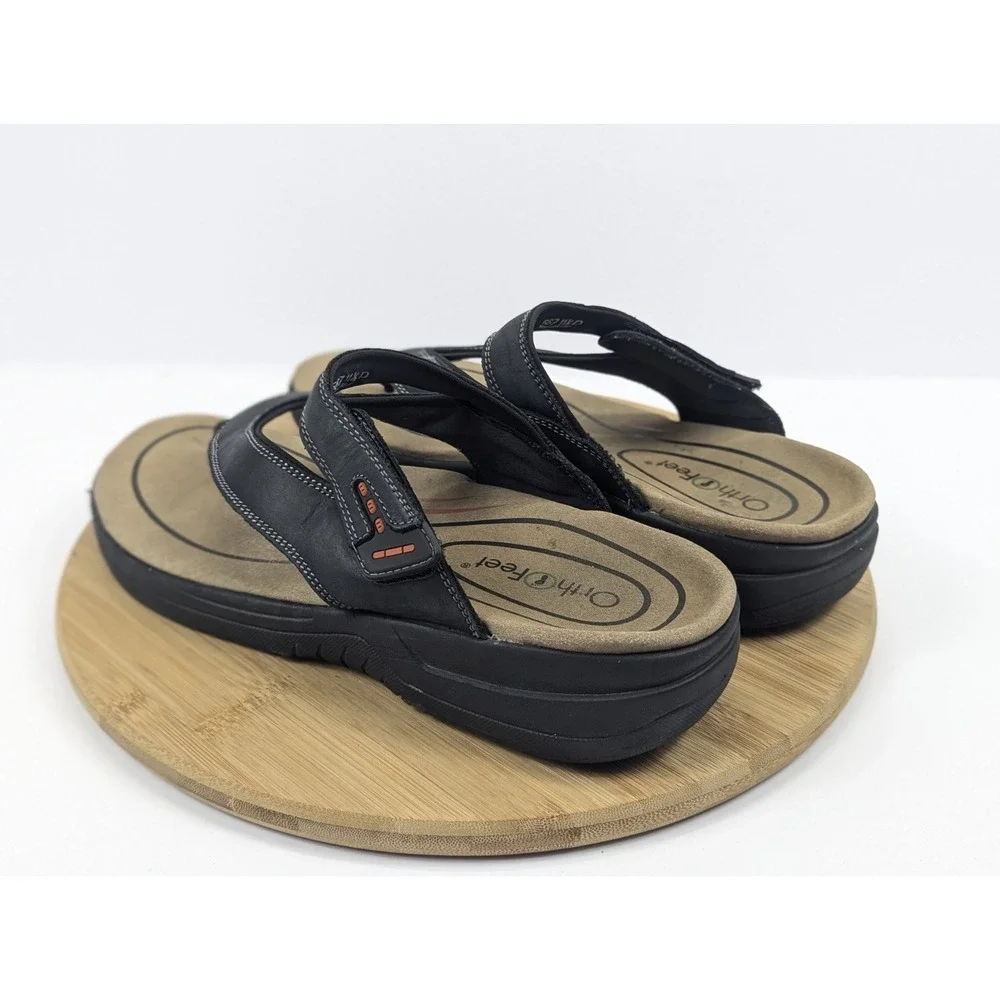 Orthofeet Sandals Mens 11.5 D Black Leather Adjustable Slip On Outdoor Vacation